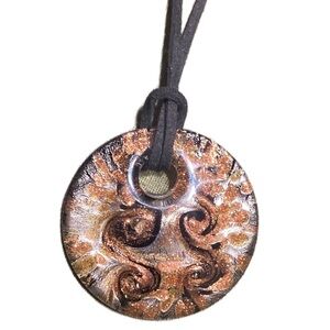 💎 Murano GIass Large pendent swirls silver bronze on black round dome necklace